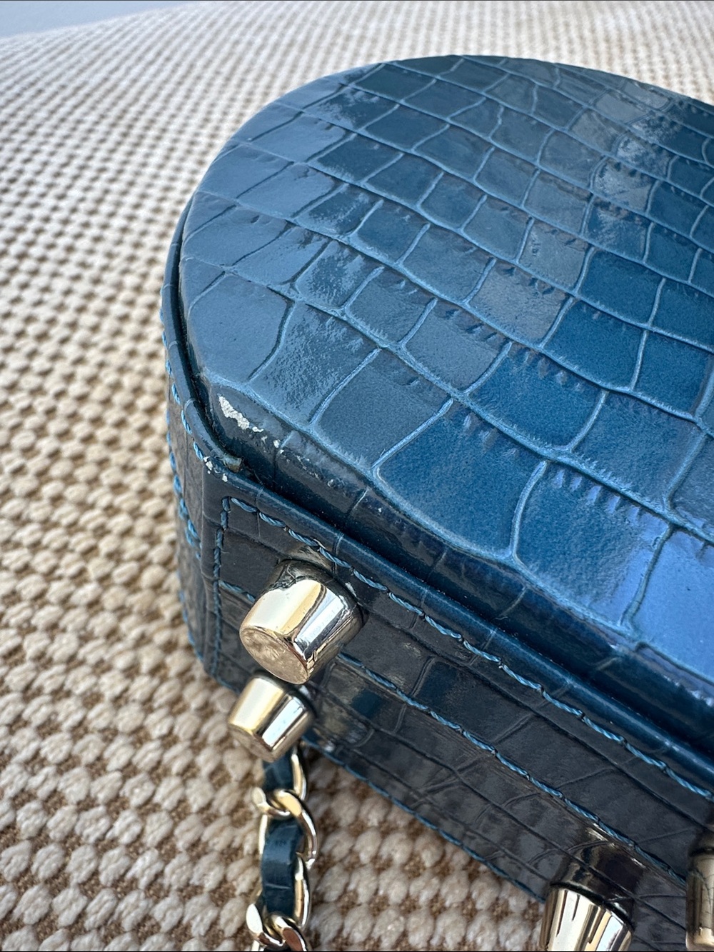 Aspinal of London England Teal Croc-Embossed Micro Hat Box Willow Patent Croc - Picture 6 of 6